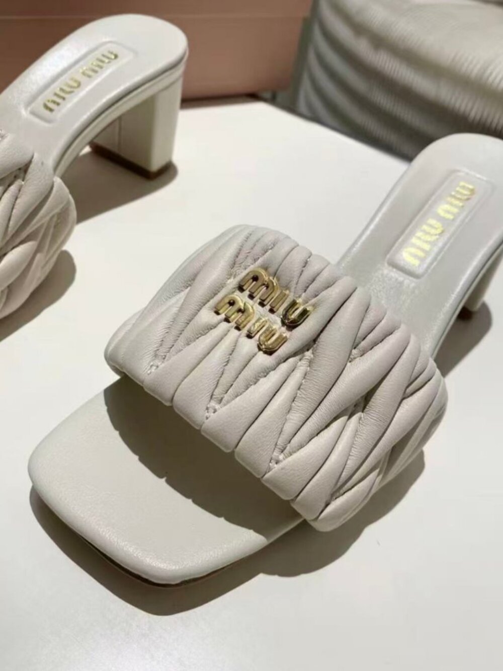 Miu Miu White Ruched Leather Block Heel Slide Sandals